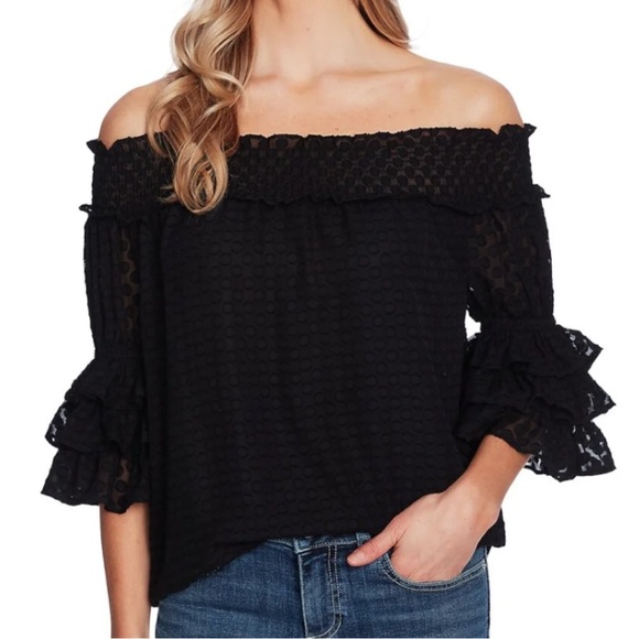 CeCe Tops - Cece Women’s Black Off the Shoulder Ruffle Blouse with Puff Sleeves, size M